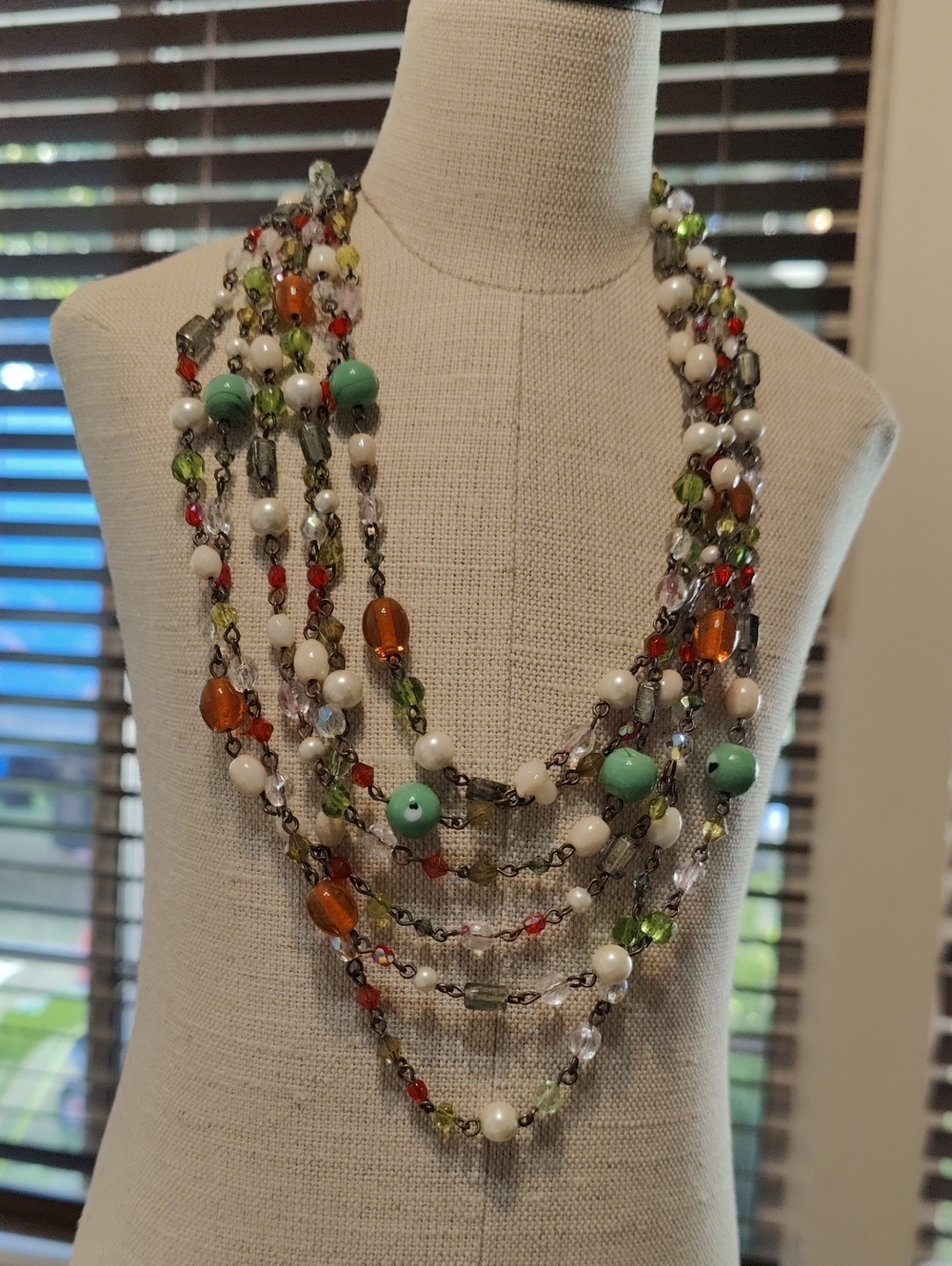 Multi-Strand Green, White & Amber Beaded Statement Necklace
